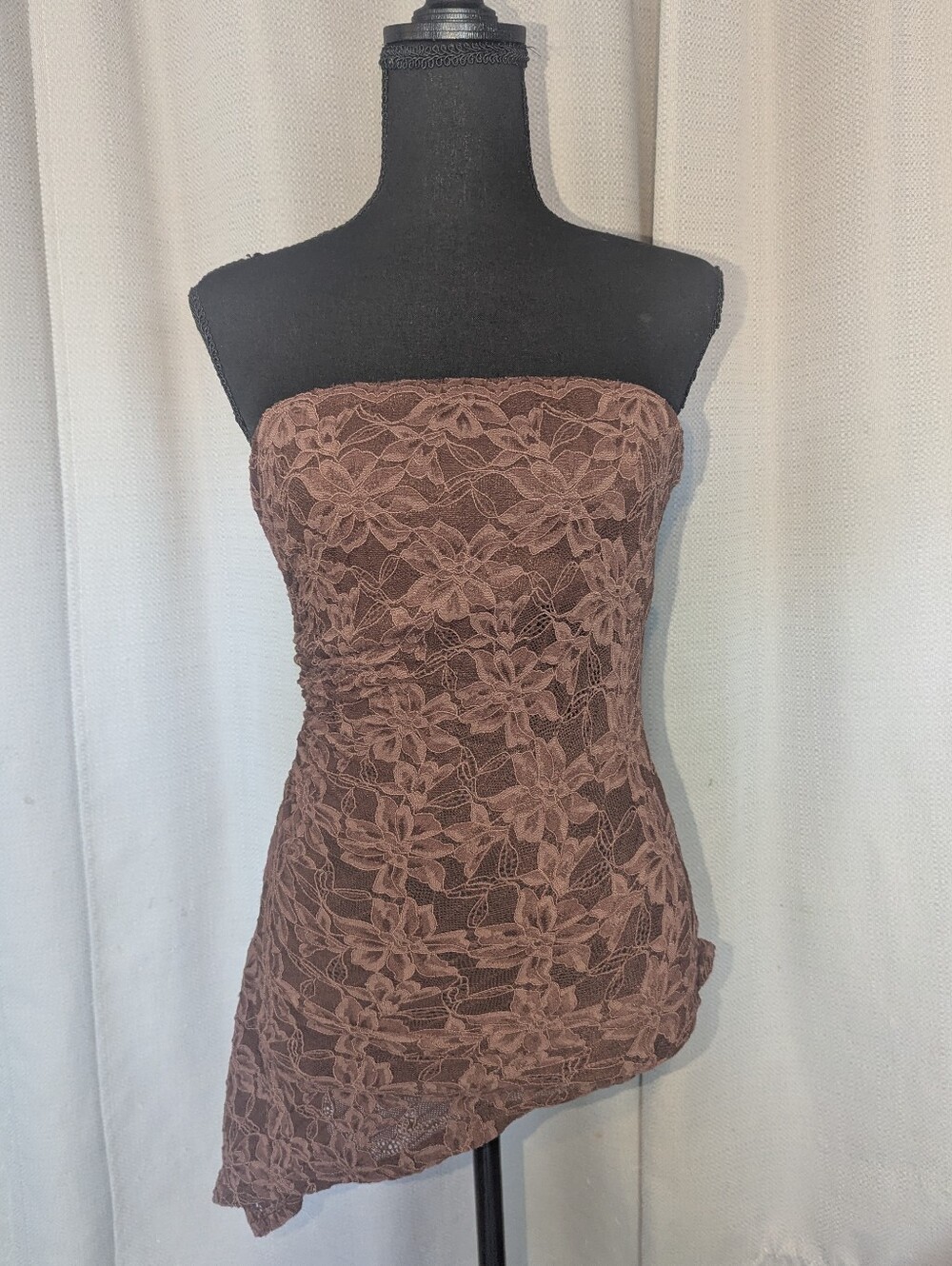 Strapless Lace Asymmetrical Dress in Dusty Brown